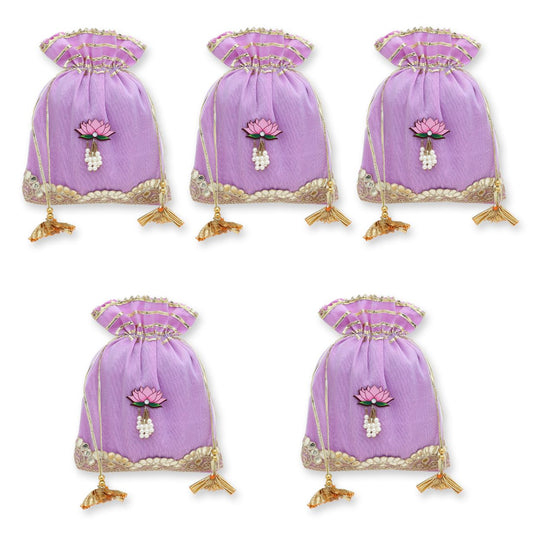 Set of 5 Purple Embellished Potli Bags