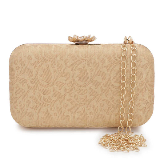 Golden Brocade Fabric Party Box Clutch Bag for Women