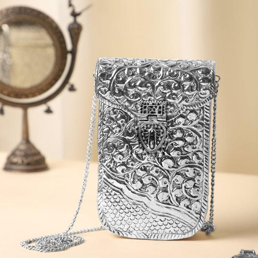 Metal Silver Vertical Vintage Brass Phone Clutch Bag for Women